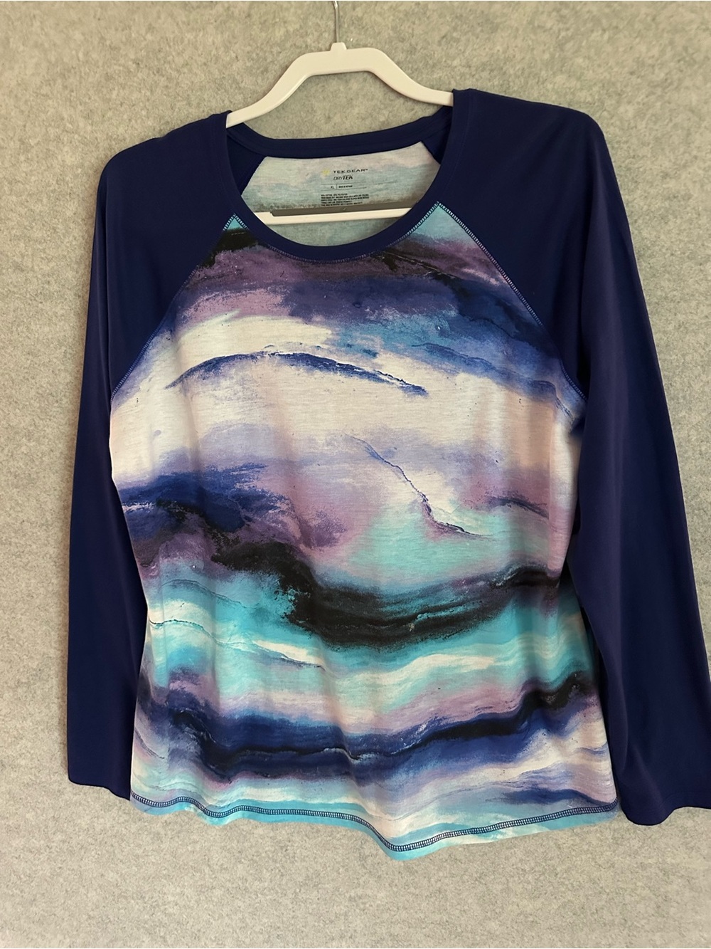 Tek Gear Navy Long Sleeve Raglan Tee with Aqua and Purple Wave Print